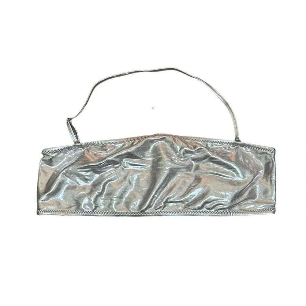 SKIMS (B10) Bandeau Metallic Swim Bikini Top In Nickel Silver Top 4X